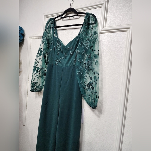 Lulus Darling Charisma Emerald Mesh Embroidered Jumpsuit M Wedding Party Evening - Picture 7 of 10